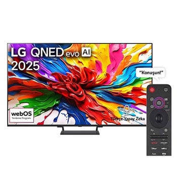 LG QNED evo QNED93 TV’nin önden görünümü, üst köşede LG QNED evo AI logosu. LG QNED evo TV ekranında renkli boya benzeri dokuların bir araya gelişi gösteriliyor.