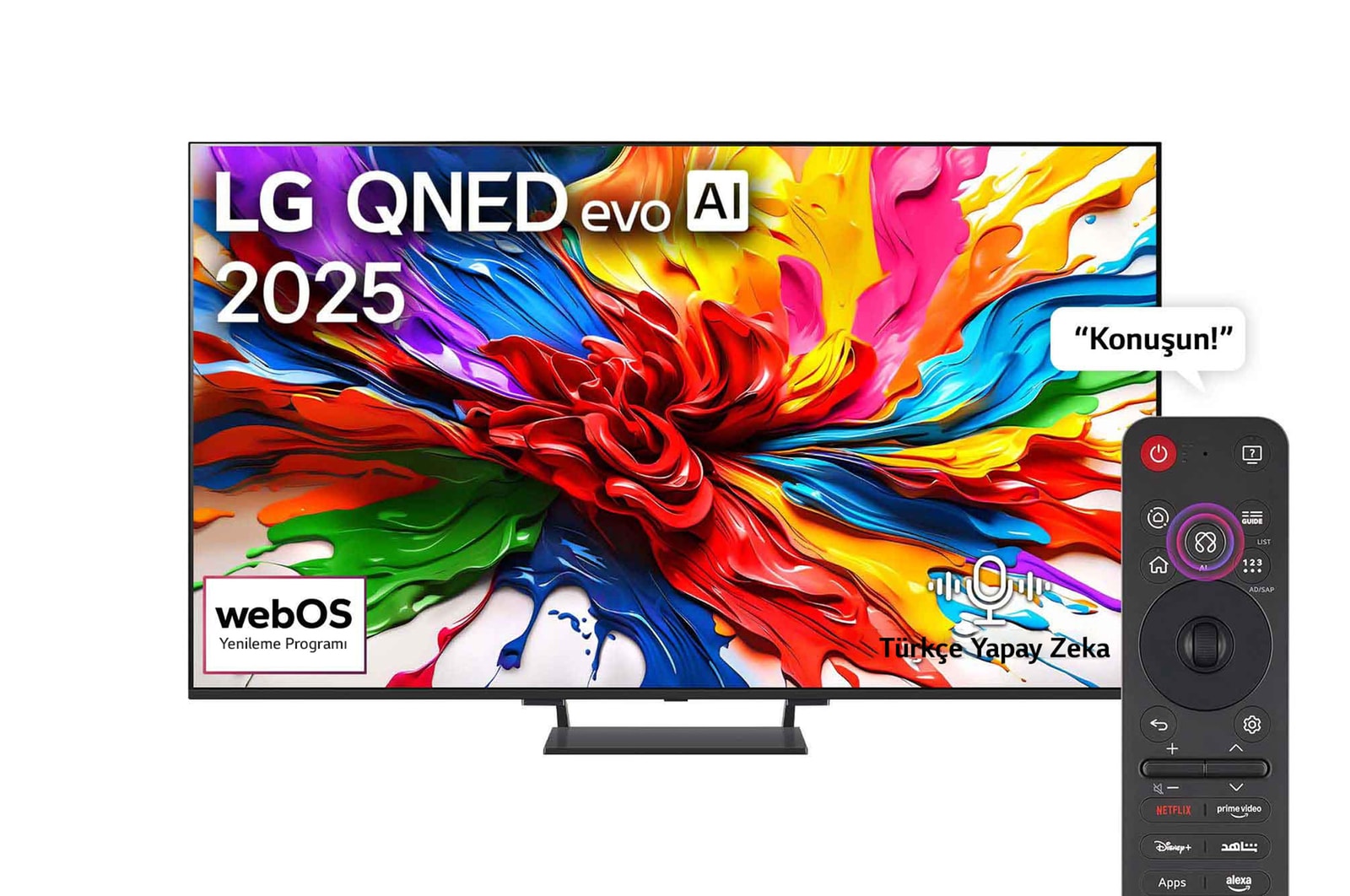 LG QNED evo QNED93 TV’nin önden görünümü, üst köşede LG QNED evo AI logosu. LG QNED evo TV ekranında renkli boya benzeri dokuların bir araya gelişi gösteriliyor.