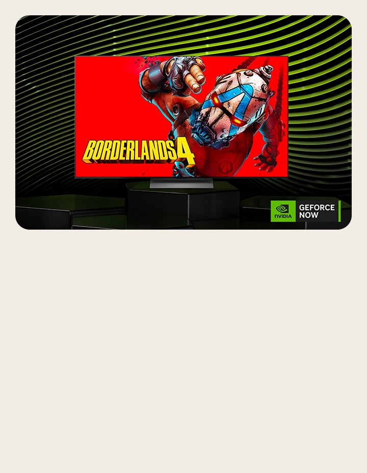 Ekranında popüler bir oyunun posteri bulunan LG TV. NVIDIA GeForce NOW logosu görünüyor.