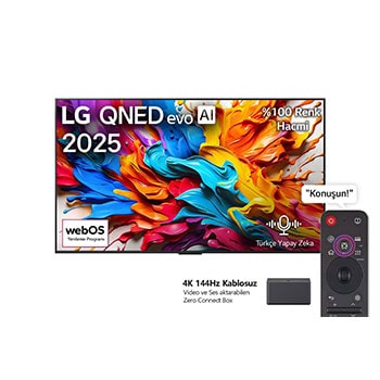 Front view of LG QNED evo AI QNED9M TV. LG QNED evo AI Logo on the. op corner. LG QNED evo TV depicts colorful paintike textures coming together. Zero Connect Box in the corner with the title, Zero Connect Box with 4K 144Hz wireless video & audio transfer.