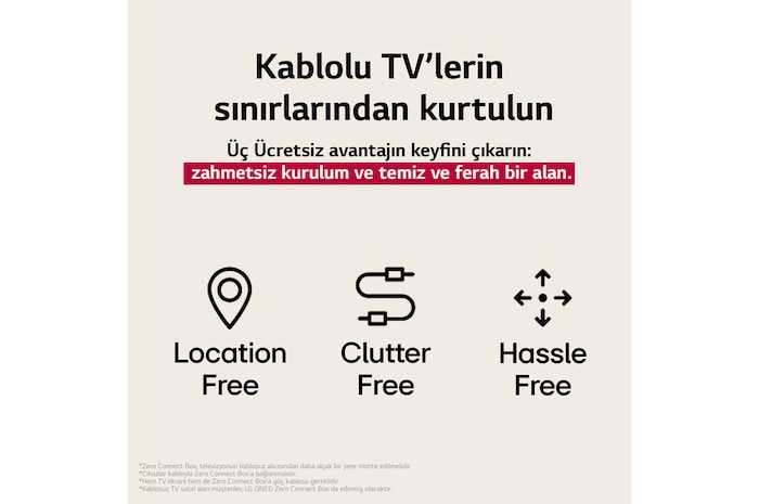 LG Tamamen Kablosuz TV’nin sağladığı 3 avantajı temsil eden üç simge. Mekandan bağımsız, karmaşasız, zahmetsiz. Metin, kablolu TV’nin sınırlamalarından özgürleşmekten ve zahmetsiz bir kurulum ile temiz ve ferah bir alanın tadını çıkarmaktan söz ediyor.