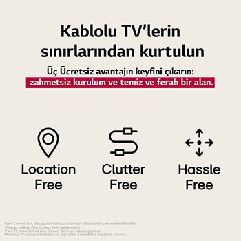 LG Tamamen Kablosuz TV’nin sağladığı 3 avantajı temsil eden üç simge. Mekandan bağımsız, karmaşasız, zahmetsiz. Metin, kablolu TV’nin sınırlamalarından özgürleşmekten ve zahmetsiz bir kurulum ile temiz ve ferah bir alanın tadını çıkarmaktan söz ediyor.