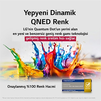 Çeşitli renklerde boya sıçramaları yerden yukarı doğru fırlayarak patlıyor. DCI-P3 için %100 Renk Hacmi Intertek sertifikası. Başlık, LG’nin yeni ve eşsiz geniş renk gamı teknolojisinin ekranınızdaki renkleri capcanlı hale getirdiğini ifade ediyor.