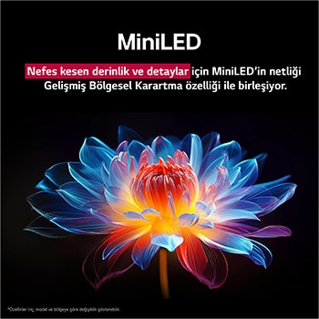Siyah bir arka planda, farklı tonlarda 3D holografik çiçek. Çiçeğin netliği ve detayları, QNED MiniLED'’in istisnai renk, parlaklık ve kontrasta sahip görseller yaratma özelliğini gösteriyor. Başlık, MiniLED’in gelişmiş netlik ve olağanüstü kontrast sağladığını ifade ediyor.