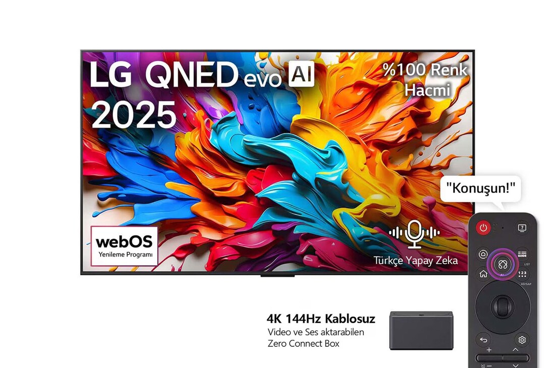 Front view of LG QNED evo AI QNED9M TV. LG QNED evo AI Logo on the. op corner. LG QNED evo TV depicts colorful paintike textures coming together. Zero Connect Box in the corner with the title, Zero Connect Box with 4K 144Hz wireless video & audio transfer.