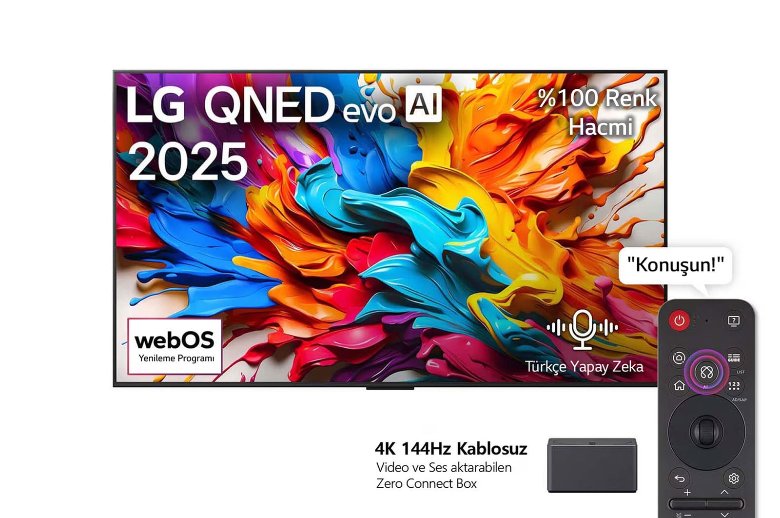Front view of LG QNED evo AI QNED9M TV. LG QNED evo AI Logo on the. op corner. LG QNED evo TV depicts colorful paintike textures coming together. Zero Connect Box in the corner with the title, Zero Connect Box with 4K 144Hz wireless video & audio transfer.