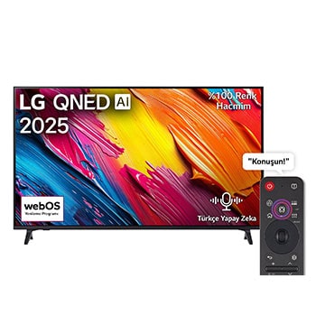 LG QNED70 TV’nin önden görünümü, üst köşede LG QNED AI logosu. LG QNED TV ekranında renkli boya benzeri dokuların birbirine karışması gösteriliyor.