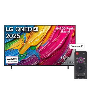 LG QNED82 TV’nin önden görünümü, üst köşede LG QNED AI logosu. LG QNED TV ekranında renkli boya benzeri dokuların bir araya gelişi gösteriliyor.