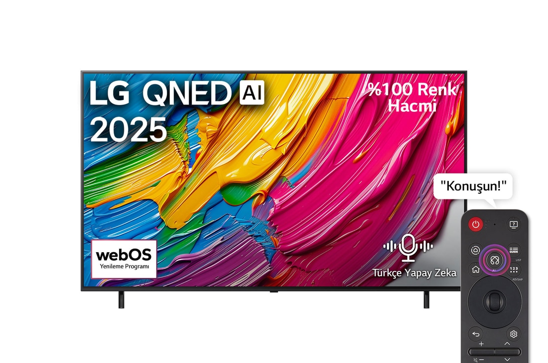 LG QNED82 TV’nin önden görünümü, üst köşede LG QNED AI logosu. LG QNED TV ekranında renkli boya benzeri dokuların bir araya gelişi gösteriliyor.