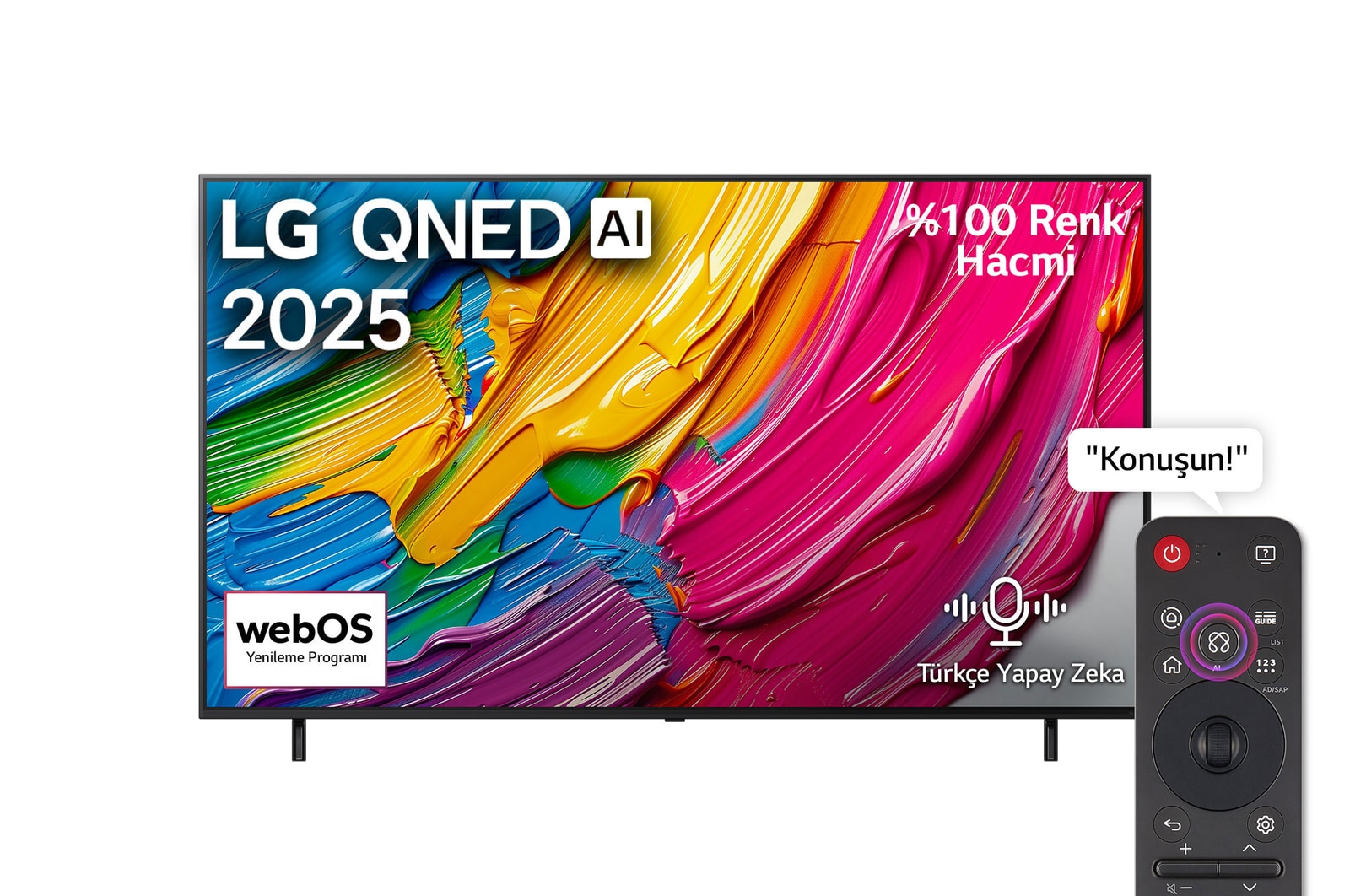 LG QNED82 TV’nin önden görünümü, üst köşede LG QNED AI logosu. LG QNED TV ekranında renkli boya benzeri dokuların bir araya gelişi gösteriliyor.
