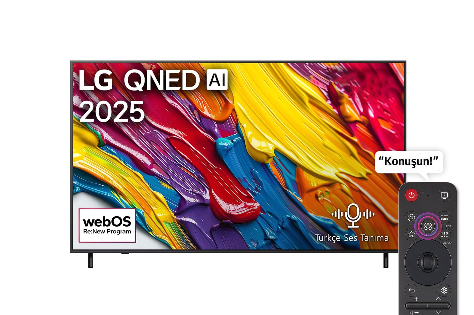 LG QNED82 TV’nin önden görünümü, üst köşede LG QNED AI logosu. LG QNED TV ekranında renkli boya benzeri dokuların bir araya gelişi gösteriliyor.