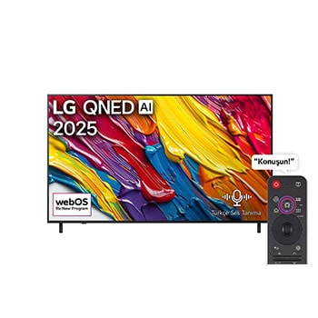 LG QNED82 TV’nin önden görünümü, üst köşede LG QNED AI logosu. LG QNED TV ekranında renkli boya benzeri dokuların bir araya gelişi gösteriliyor.