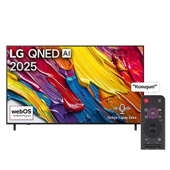 LG QNED82 TV’nin önden görünümü, üst köşede LG QNED AI logosu. LG QNED TV ekranında renkli boya benzeri dokuların bir araya gelişi gösteriliyor.