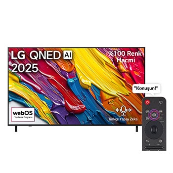 LG QNED82 TV’nin önden görünümü, üst köşede LG QNED AI logosu. LG QNED TV ekranında renkli boya benzeri dokuların bir araya gelişi gösteriliyor.