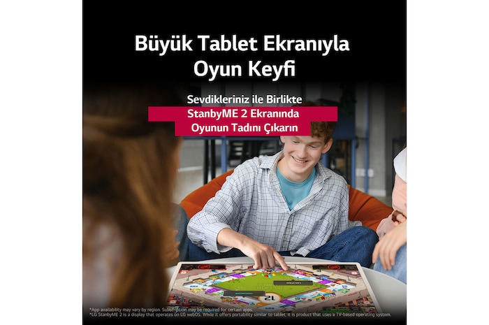 Masada, LG StanbyME 2 üzerinde masa oyunu oynayan bir grup arkadaş. Büyük Tablet Ekranı ön plana çıkıyor. Metin, doğrudan dokunmatik ekranda oynama özelliğini anlatıyor.