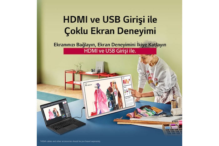 LG StanbyME 2. Dokunmatik ekranla etkileşimde bulunan, kullanım kolaylığını gösteren bir el. Metin, ekranınızı diğer cihazlara kolayca bağlayabilme özelliğinden bahsediyor. 