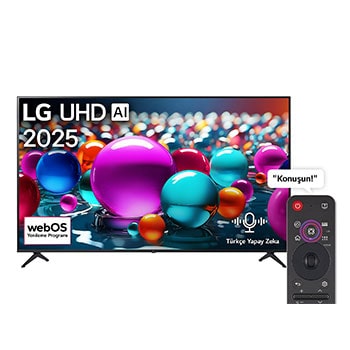 UHD UA75 TV’nin önden görünümü, üst köşede LG UHD AI logosu. LG UHD TV ekranında renkli boya benzeri dokuların bir araya gelişi gösteriliyor.