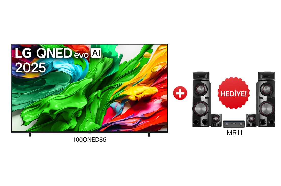 Önden görünüm 100 İnç LG QNED evo AI QNED86 MiniLED 4K Smart TV AI Sihirli Kumanda Dolby Vision webOS25 2025 100QNED86.MR11 ve MR11