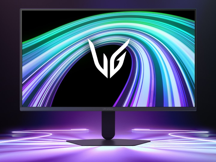 Neon ışıklı fütüristik bir odada UltraGear™ 25G523B oyun monitörünün önden görüntüsü.