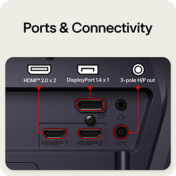 İki HDMI™ 2.0 girişi, DSC destekli bir DisplayPort 1.4 bağlantı noktası ve 3 kutuplu H/P çıkışı dahil olmak üzere bağlantı noktalarını gösteren bir oyun monitörünün arkadan görünümü.