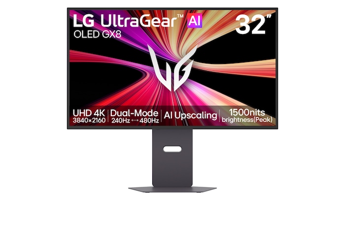 Front view of 32-inch UltraGear evo GX8, World's First AI Upscaling 32" 4K OLED Gaming Monitor (32GX870B)