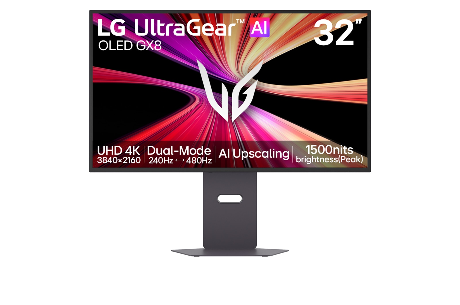 Front view of 32-inch UltraGear evo GX8, World's First AI Upscaling 32" 4K OLED Gaming Monitor 32GX870B-B