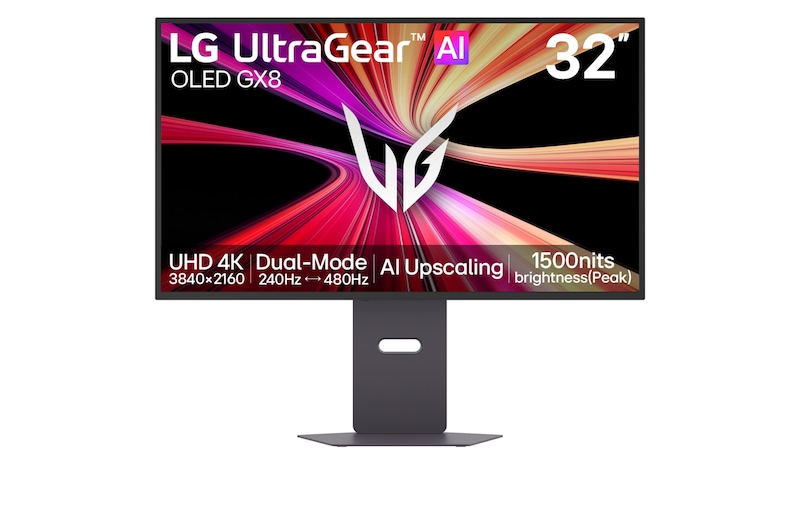 Front view of 32-inch UltraGear evo GX8, World's First AI Upscaling 32" 4K OLED Gaming Monitor 32GX870B-B