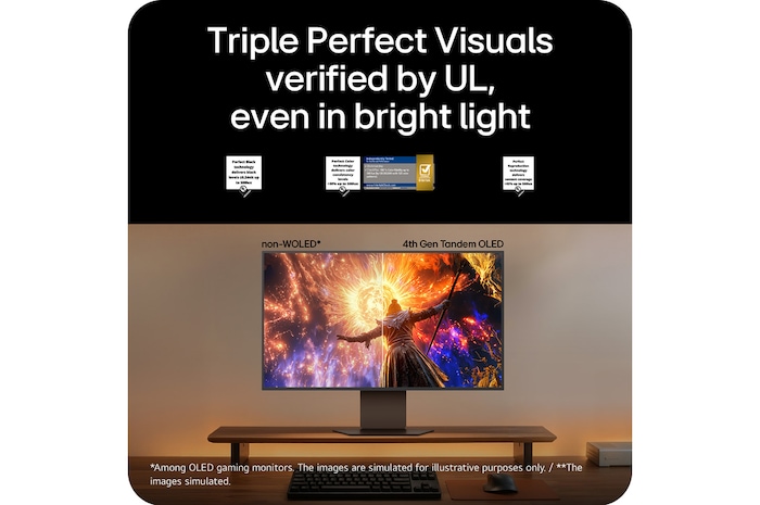 LG UltraGear 32GX870B gaming monitor in a desk setup, showing a side-by-side comparison with non-OLED, highlighting deeper blacks, accurate colors, and enhanced visual performance verified by UL.