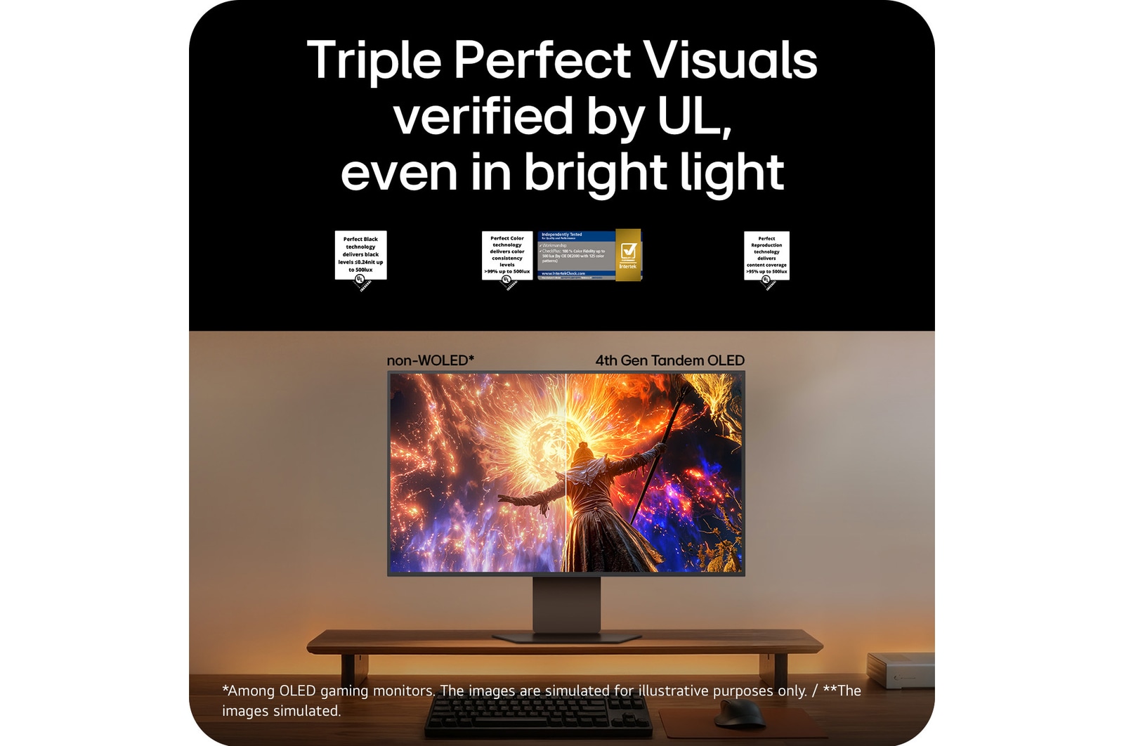 LG UltraGear 32GX870B gaming monitor in a desk setup, showing a side-by-side comparison with non-OLED, highlighting deeper blacks, accurate colors, and enhanced visual performance verified by UL.