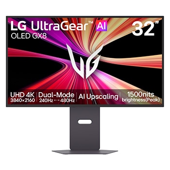 Front view of 32-inch UltraGear evo GX8, World's First AI Upscaling 32" 4K OLED Gaming Monitor 32GX870B-B
