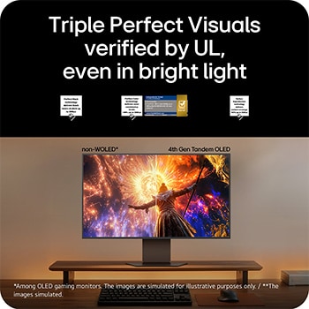 LG UltraGear 32GX870B  gaming monitor in a desk setup, showing a side-by-side comparison with non-OLED, highlighting deeper blacks, accurate colors, and enhanced visual performance verified by UL.