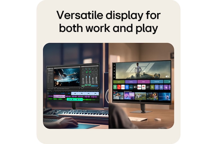 LG Smart Monitor showing creative work and entertainment use in a home setup.