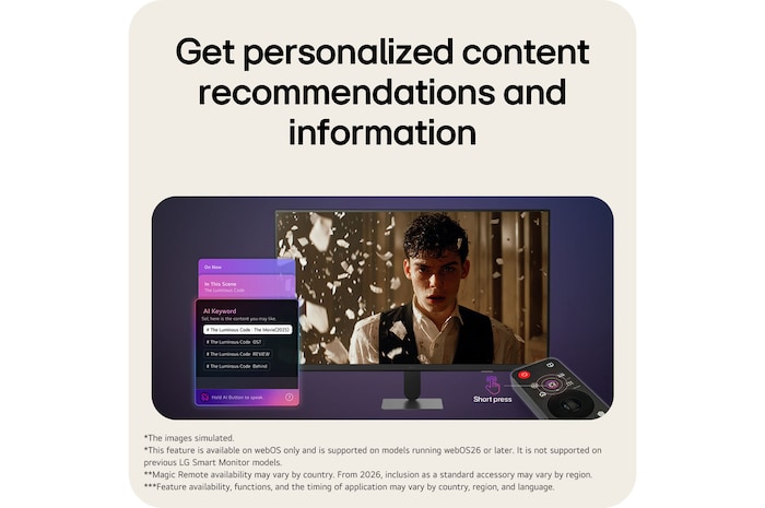 'LG Smart Monitor showing personalized content interface.