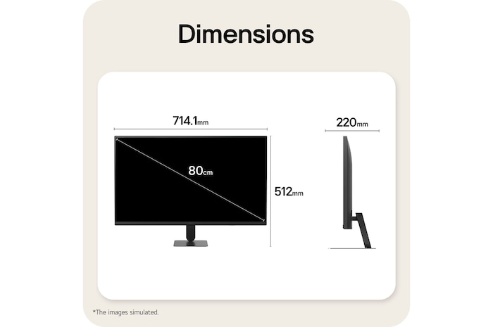 Front and side views of an LG Smart Monitor showing overall product size and proportions.