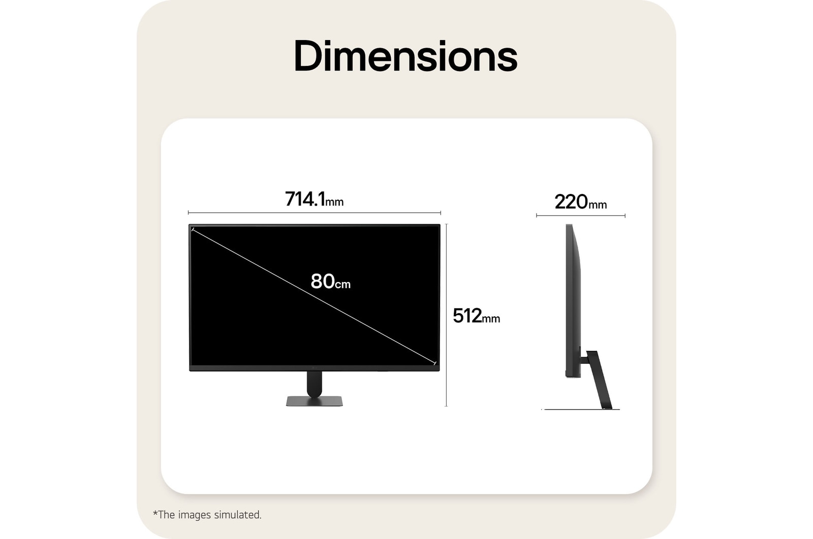 Front and side views of an LG Smart Monitor showing overall product size and proportions.