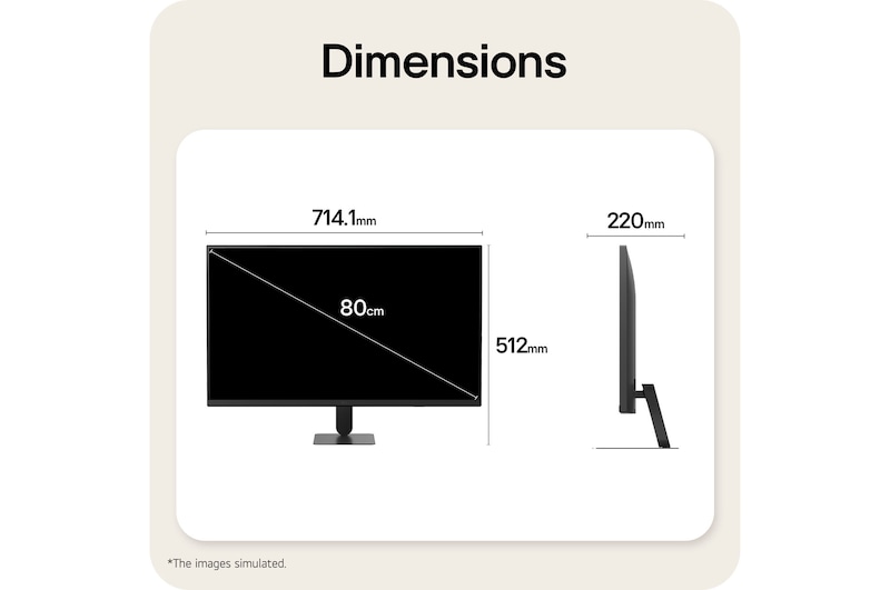 Front and side views of an LG Smart Monitor showing overall product size and proportions.