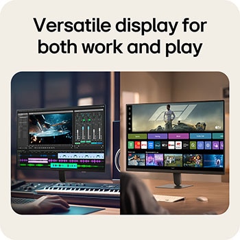 LG Smart Monitor showing creative work and entertainment use in a home setup.