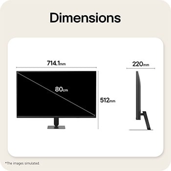 Front and side views of an LG Smart Monitor showing overall product size and proportions.