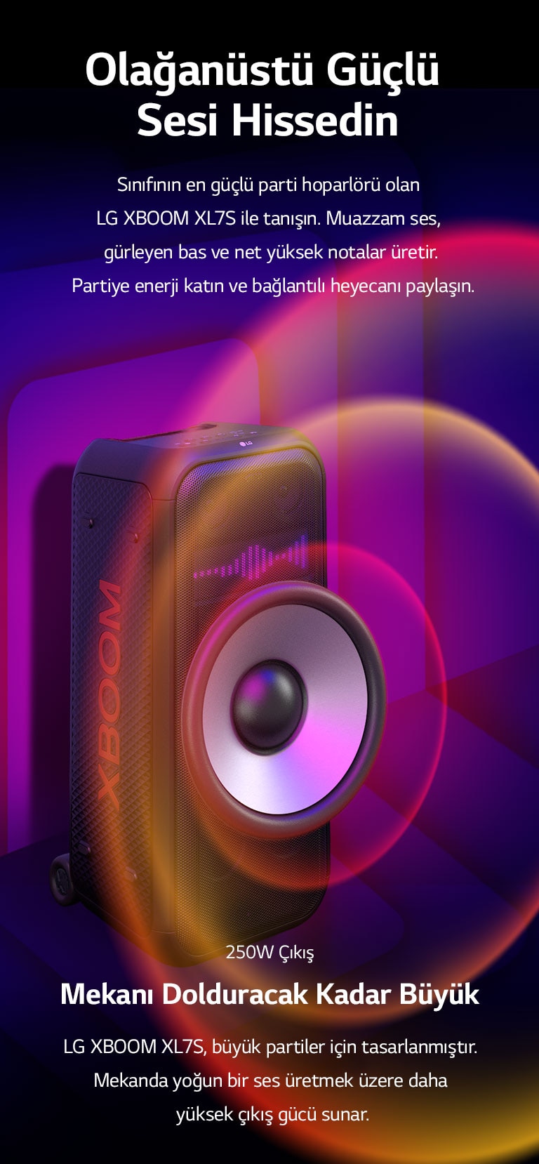 LG XBOOM XL7S, sonsuz alana yerleştirilmiştir. Duvarda kare ses grafikleri gösterilir. Hoparlörün ortasındaki 8 inçlik dev woofer büyütülerek 250 W sesi vurgular. Woofer'dan ses dalgaları çıkar.