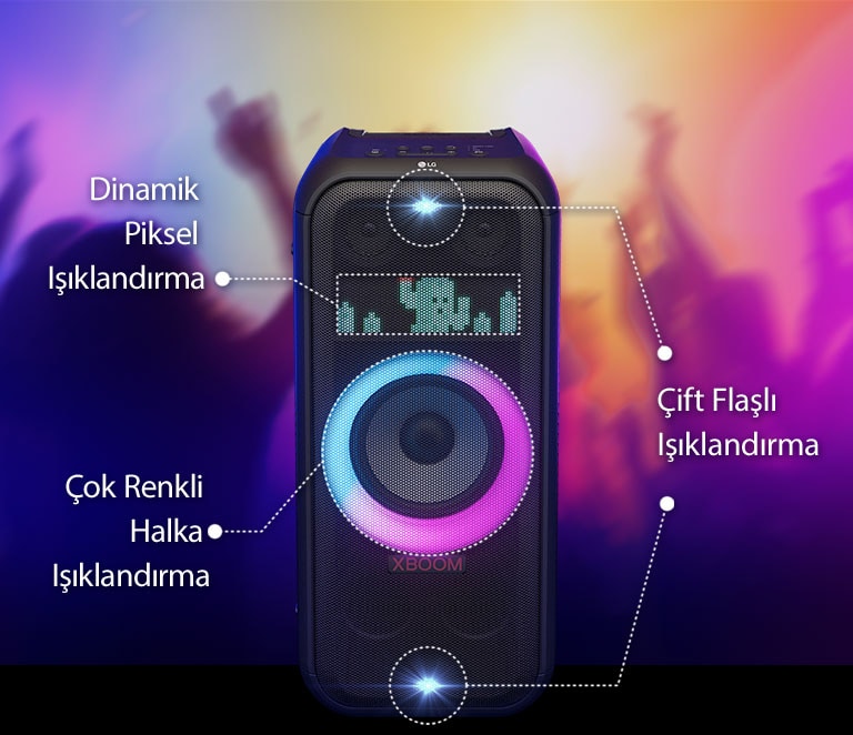 Hoparlörün önden görünümü. Işığın her bölümü ile ilgili bilgileri gösteren bir çizgi bulunur. Üstte ve altta çift flaşlı ışık. Ortada pembe-mavi degrade renkli halka ışık yanar. Yukarıda, kaktüs karakterini gösteren dinamik piksel ışıklandırması gösterilir.