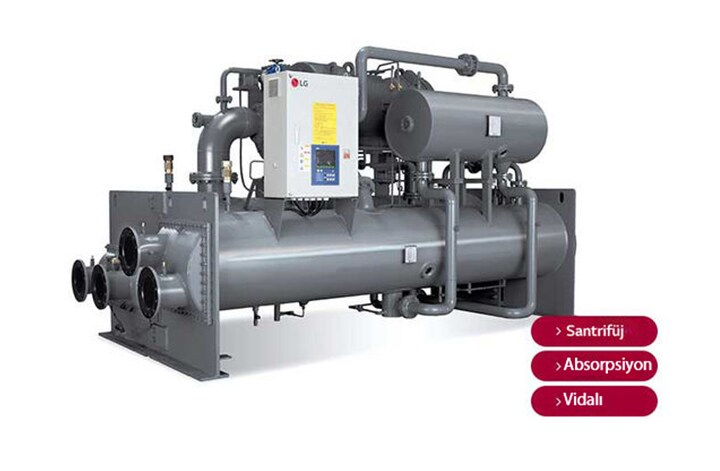 LG Santrifüj Soğutucu ünitesi, santrifüj, emilim ve vida işaretli kırmızı etiketlerle donatılmış dairesel ve dikdörtgen formlardan oluşan gri tona sahip montaj.