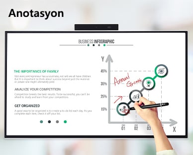 Birkaç kişi LG One:Quick Flex’lerini kullanarak fikirlerini tartışıyor ve paylaşıyor. Bir kişi özel dokunmatik kalemle One:Quick Flex ekranında görüntülenen verilerle ilgili notlar alıyor. LG One:Quick Flex’ten gönderilen görsel bir kadının cep telefonunda görüntüleniyor.