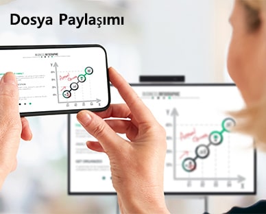 Birkaç kişi LG One:Quick Flex’lerini kullanarak fikirlerini tartışıyor ve paylaşıyor. Bir kişi özel dokunmatik kalemle One:Quick Flex ekranında görüntülenen verilerle ilgili notlar alıyor. LG One:Quick Flex’ten gönderilen görsel bir kadının cep telefonunda görüntüleniyor.