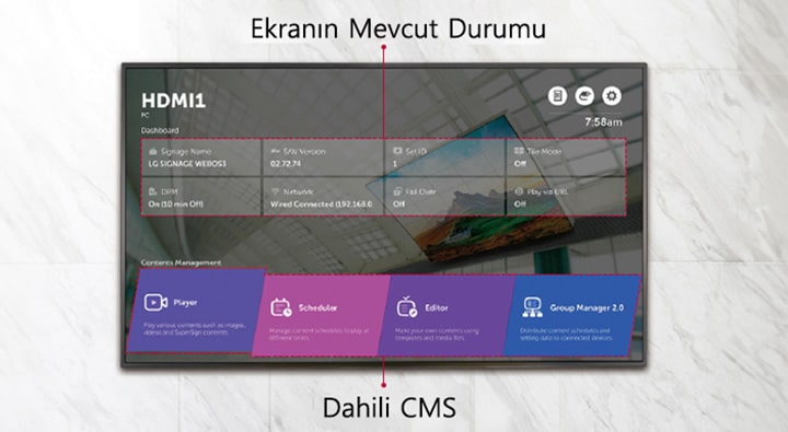 El WP601 ofrece un menú de inicio que muestra el estado actual de la pantalla y el CMS integrado.