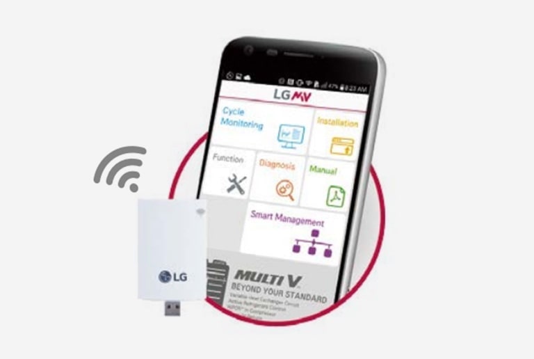 Bir Akıllı Telefon, ekranında LGMV uygulaması ile yanıyor ve solda havada asılı duran beyaz dikdörtgen bir araçla tamamlanıyor.