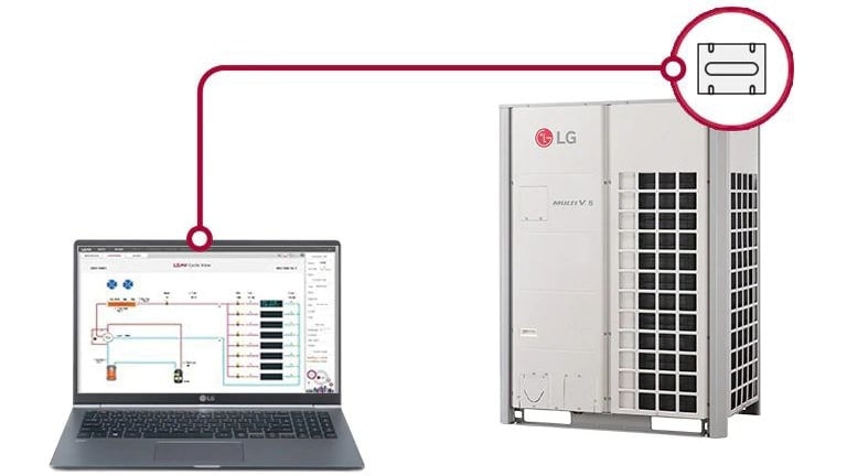 LG üniforması giyen bir uzman, anormallikleri tespit eden elektronik aletler kullanarak HVAC sisteminin bileşenlerini ve performansını inceliyor.