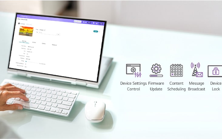 This image is a staged representation, showing the monitoring and control of equipment in various locations from the LG SuperSign Cloud website.