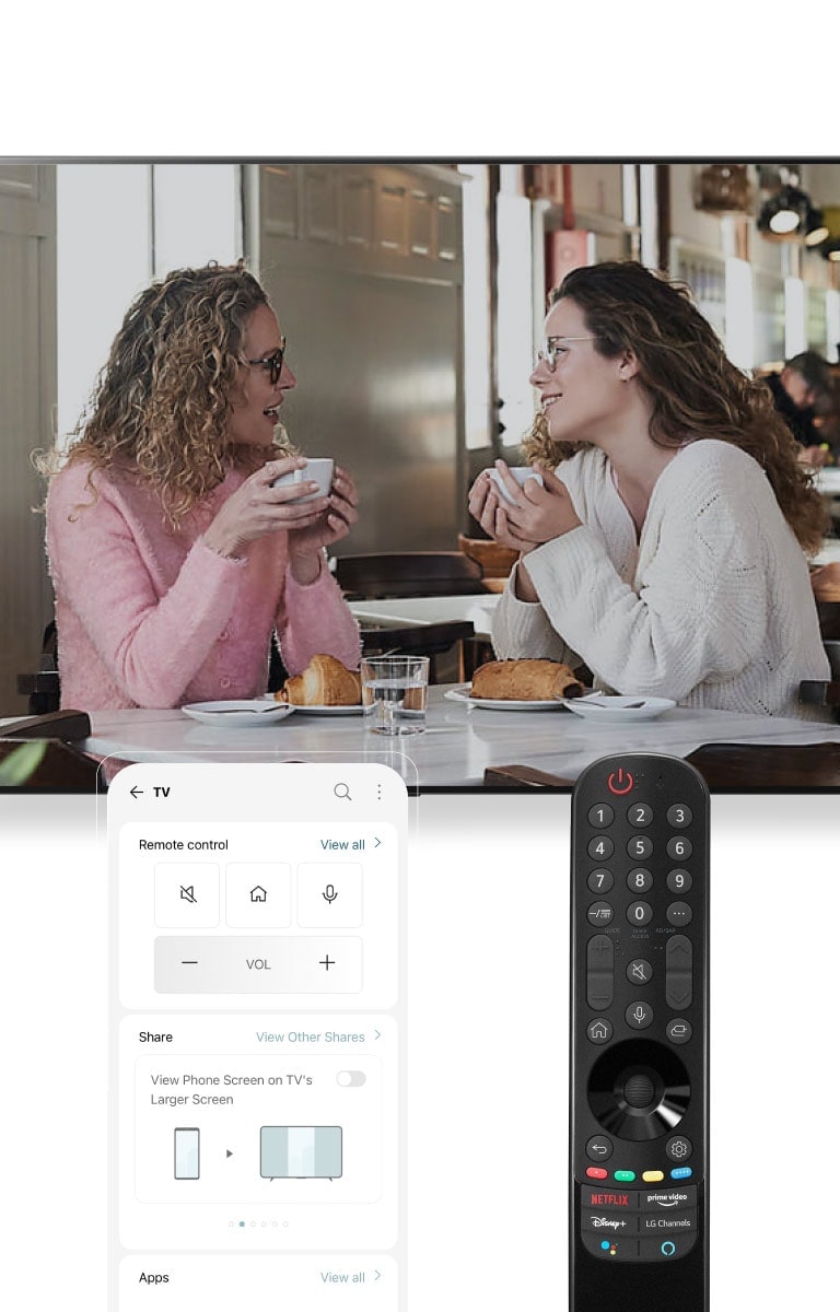 Kahve içerken sohbet eden iki kadının görüntüsü. Soldaki kadının yanında bir akıllı telefon, sağdaki kadının yanında bir uzaktan kumanda vardır.