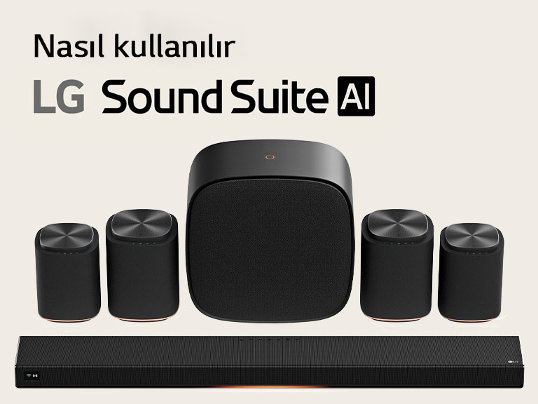 H7 soundbar, bir çift M7 hoparlör, bir çift M5 hoparlör ve bir W7 woofer’dan oluşan LG Sound Suite ev sinema hoparlör seti