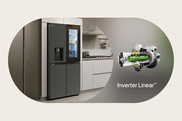 Bu resimde, LG buzdolabı ve LG Inverter Linear Compressor™ yan yana gösteriliyor.